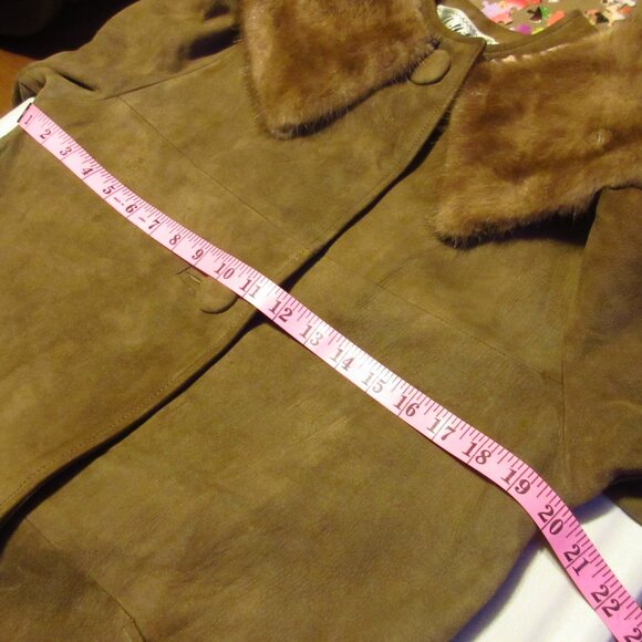 Vintage Shillito's Suede Leather Jacket 8 Long Trench Coat Fur Collar Dark Brown - Picture 14 of 16